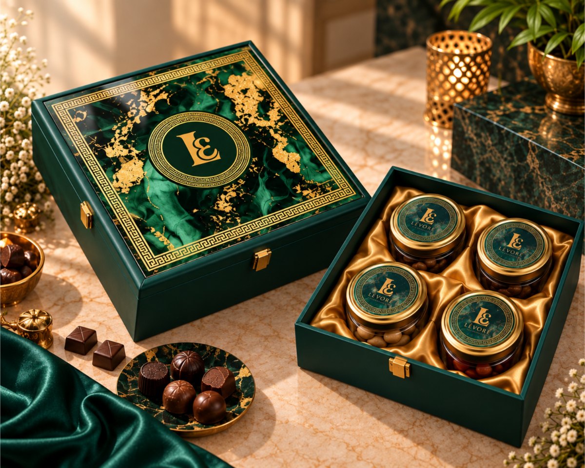 LÈVORE B-8 — Malachite Square — luxury Crystal Resin Diwali chocolate gift hamper, handcrafted in Hyderabad