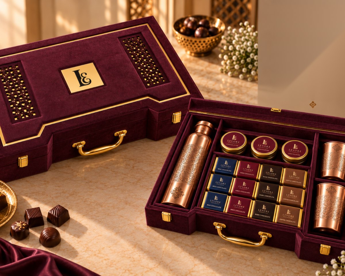LÈVORE D-11 — Maroon Jali Trunk — luxury Crystal Resin Diwali chocolate gift hamper, handcrafted in Hyderabad