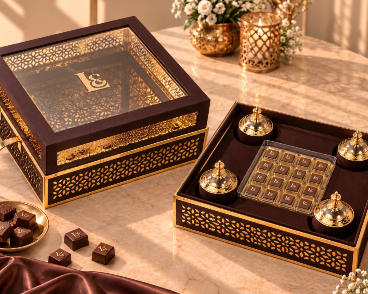 LÈVORE H-11 — Domed Jali Hamper — luxury Crystal Resin Diwali chocolate gift hamper, handcrafted in Hyderabad