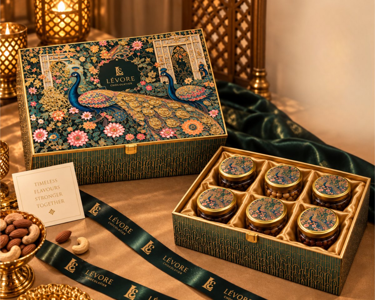 LÈVORE L-10 — Peacock Pair — luxury Crystal Resin Diwali chocolate gift hamper, handcrafted in Hyderabad