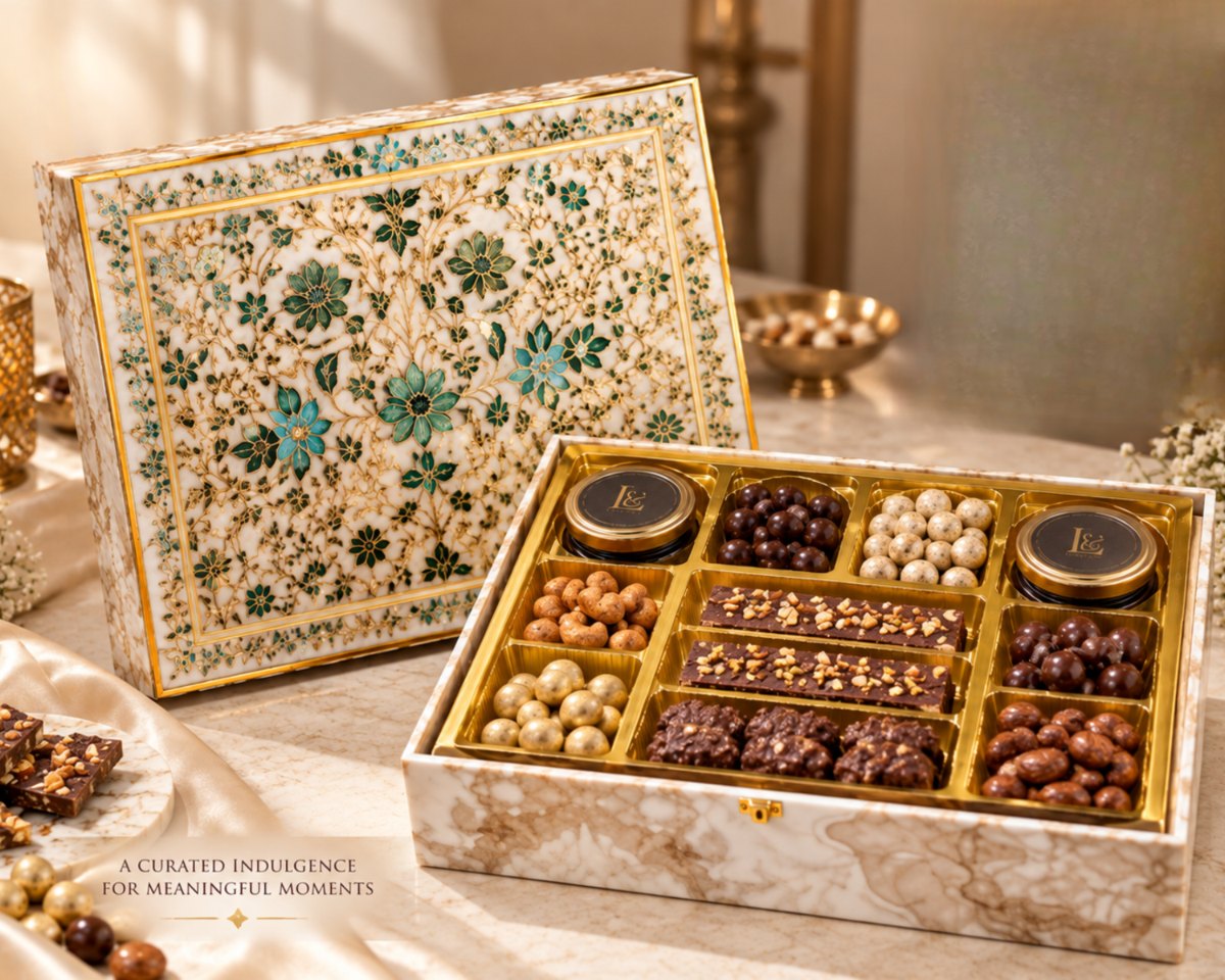 LÈVORE L-14 — Marble Bloom — luxury Crystal Resin Diwali chocolate gift hamper, handcrafted in Hyderabad