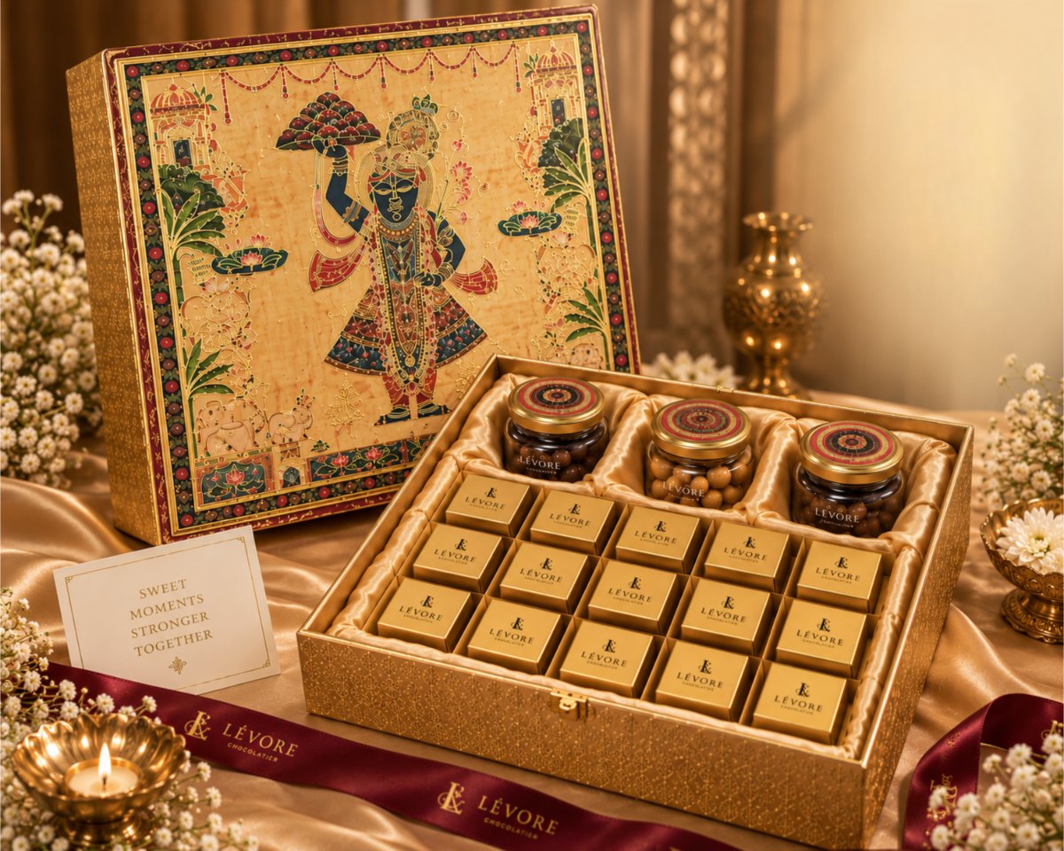 LÈVORE Crystal Resin chocolate gift box with a handmade gold Pichwai lid, made in Hyderabad