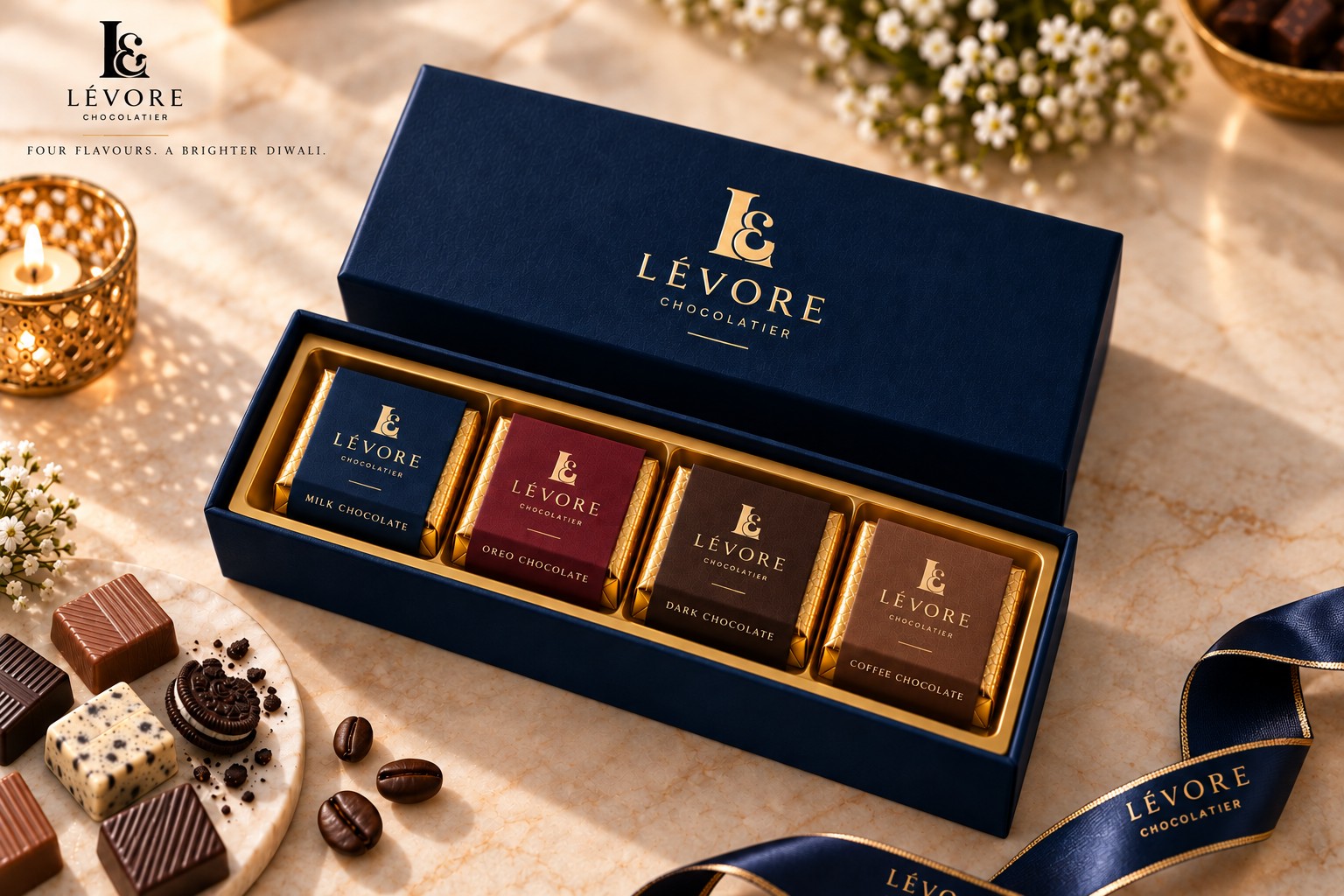 LÈVORE R-1 1 × 4 — premium printed rigid chocolate corporate gift box, Hyderabad
