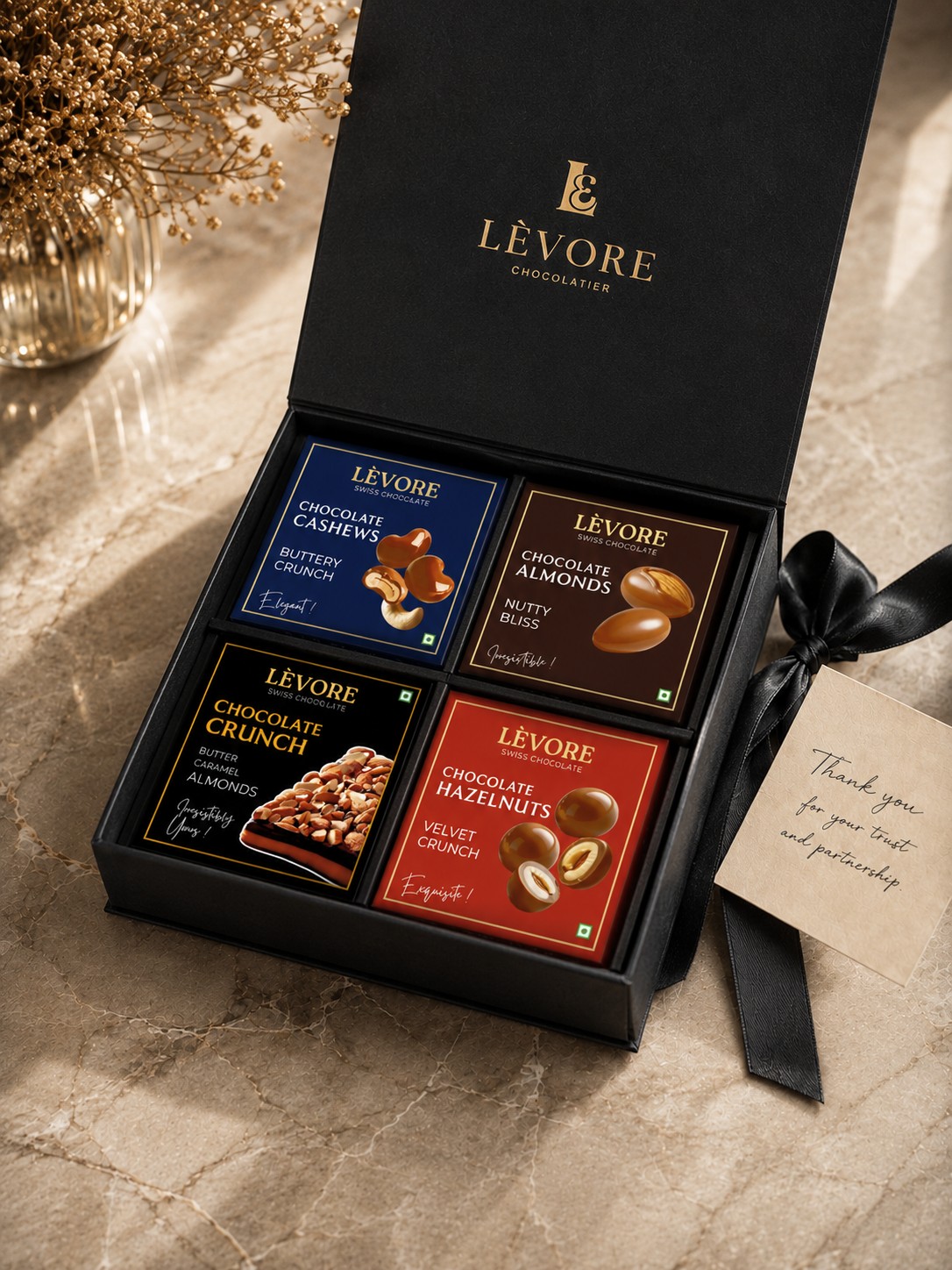 LÈVORE R-2 The Four-Flavour Box — premium printed rigid chocolate corporate gift box, Hyderabad