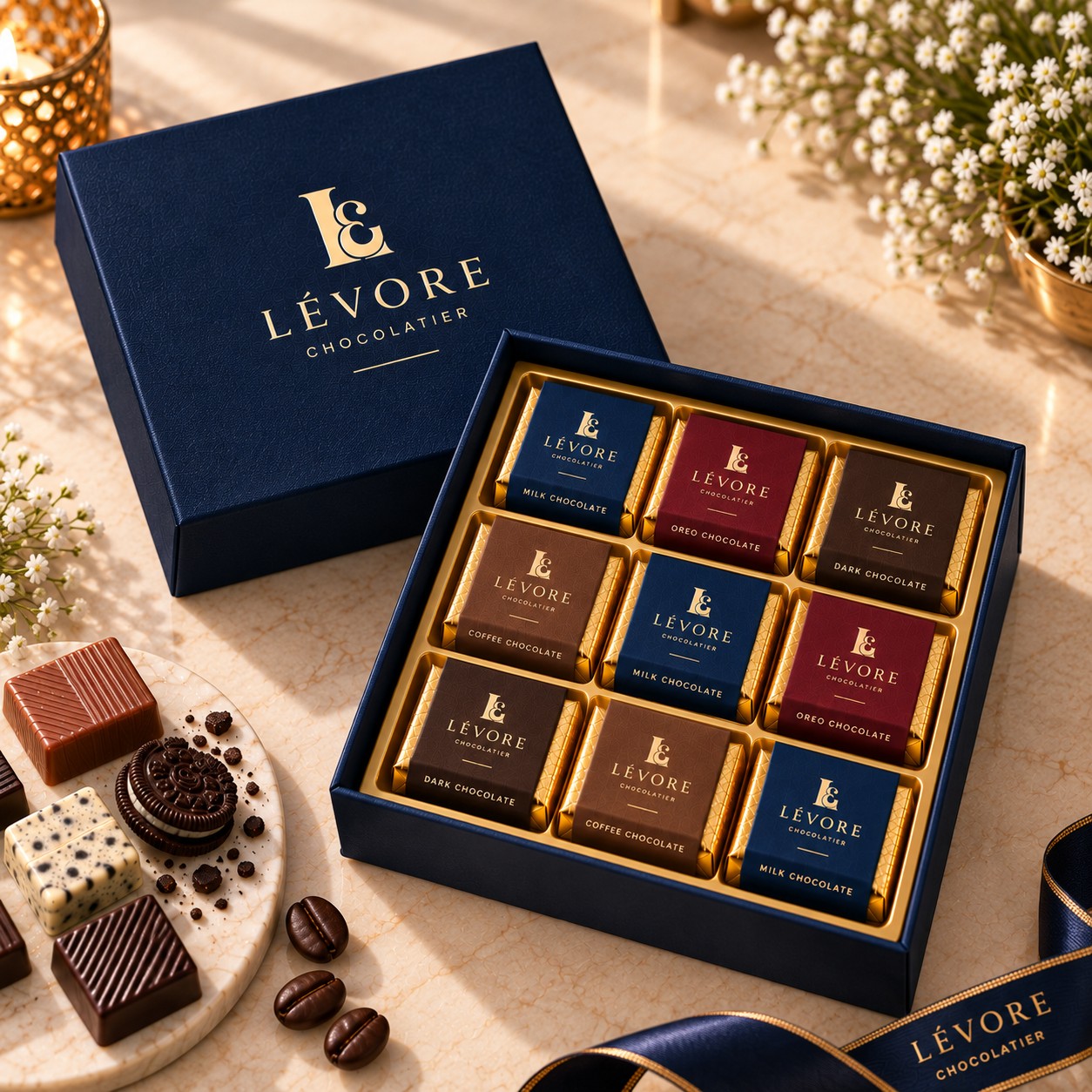LÈVORE R-3 3 × 3 — premium printed rigid chocolate corporate gift box, Hyderabad