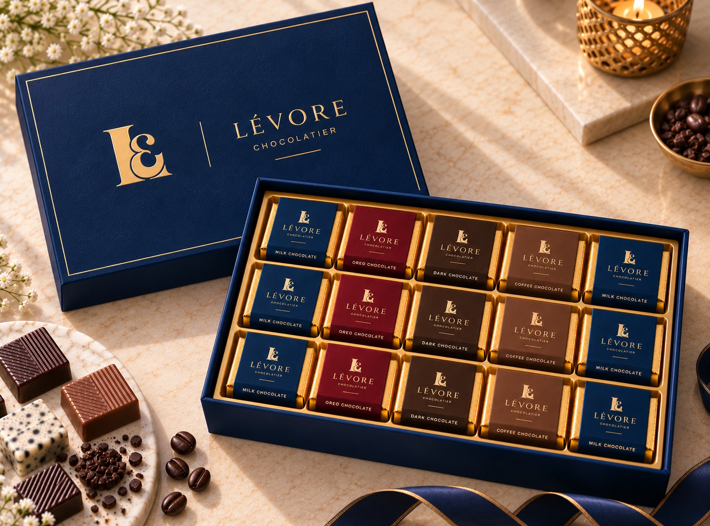 LÈVORE R-6 3 × 5 — premium printed rigid chocolate corporate gift box, Hyderabad